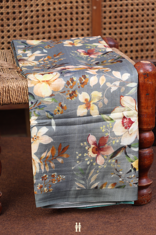 Printed Silk Saree In Greyish Green With Floral Design