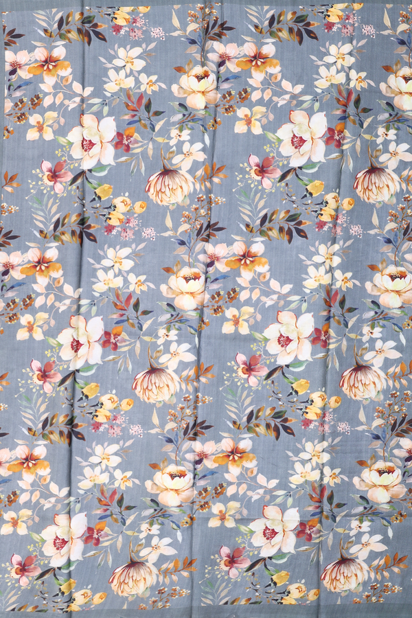 Printed Silk Saree In Greyish Green With Floral Design