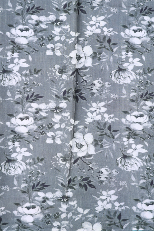 Printed Silk Saree In Greyish Green With Floral Design