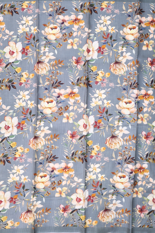 Printed Silk Saree In Greyish Green With Floral Design