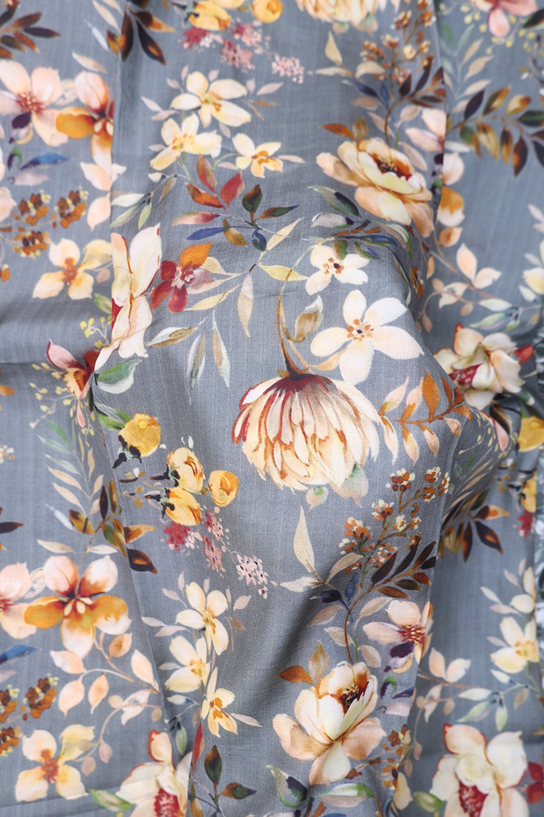 Printed Silk Saree In Greyish Green With Floral Design