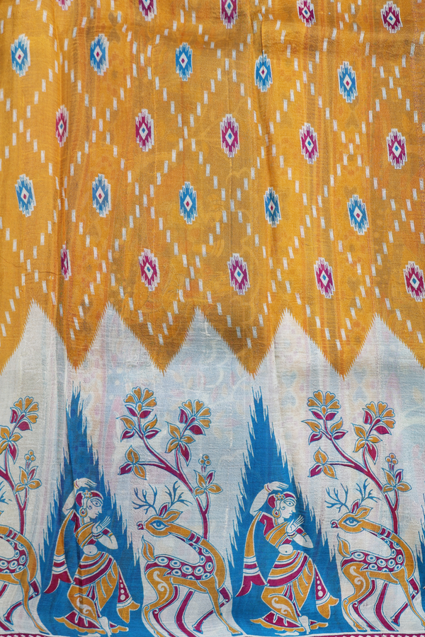 Printed Silk Saree In Golden Yellow With Diamond Design