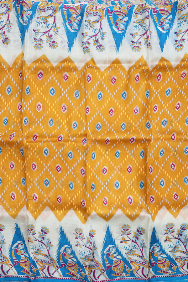 Printed Silk Saree In Golden Yellow With Diamond Design