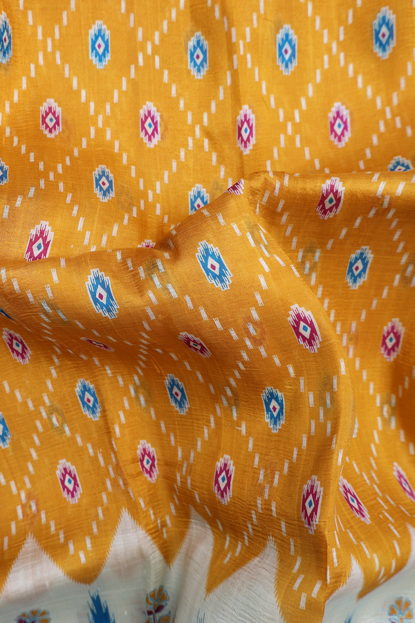 Printed Silk Saree In Golden Yellow With Diamond Design