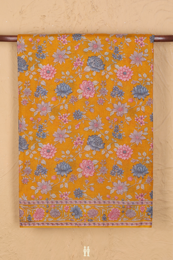 Printed Silk Saree In Honey Orange With Floral Design