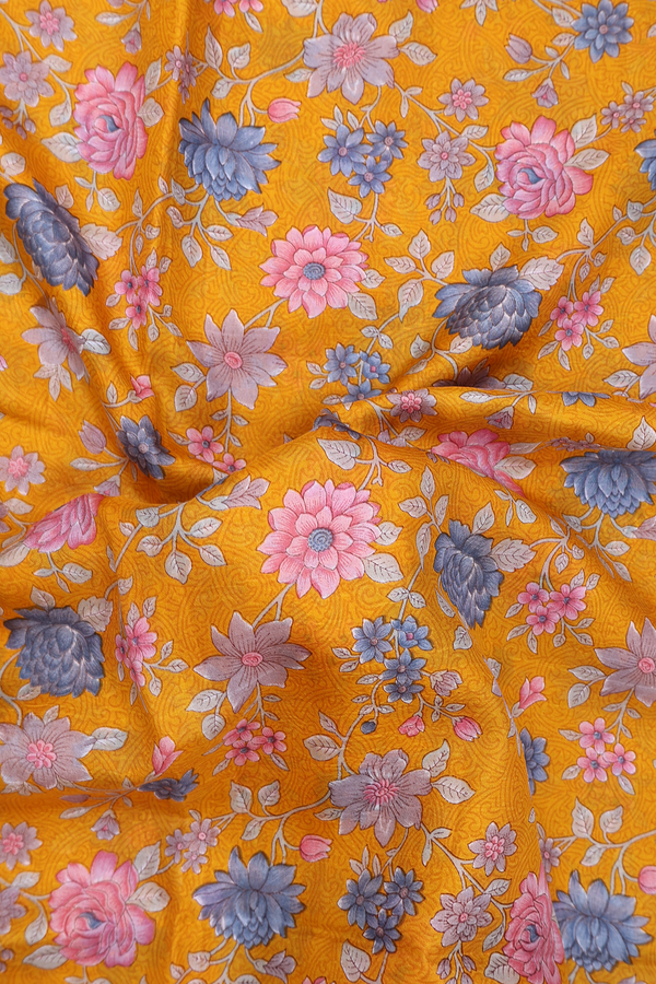 Printed Silk Saree In Honey Orange With Floral Design