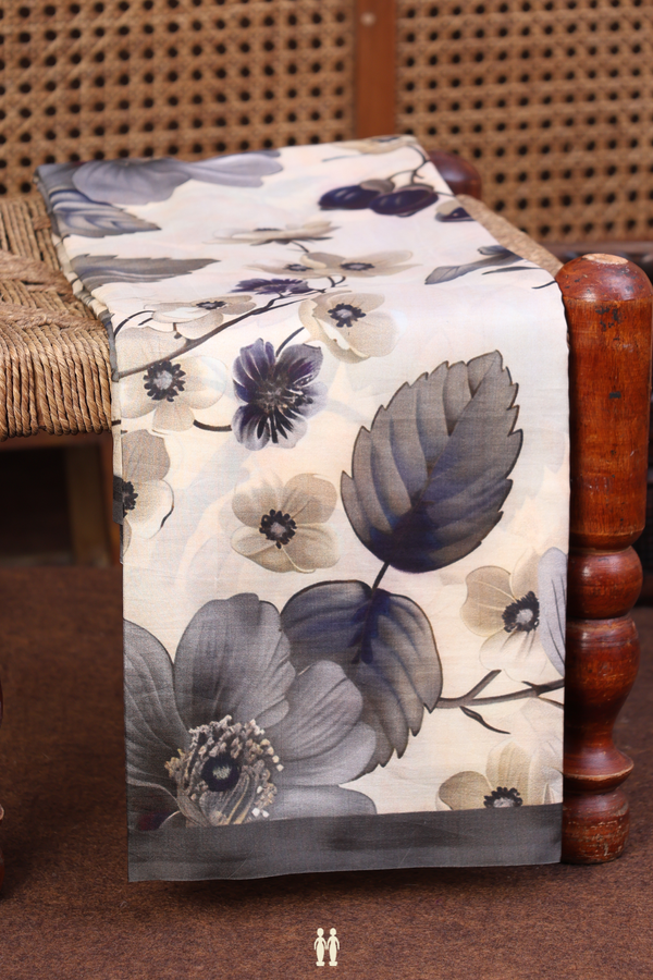 Printed Silk Saree In Ivory With Floral Design