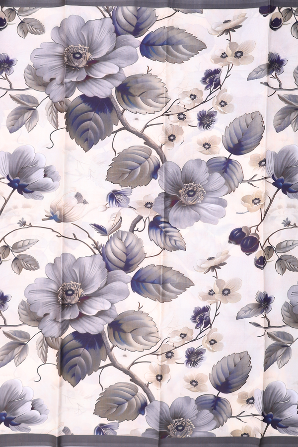 Printed Silk Saree In Ivory With Floral Design