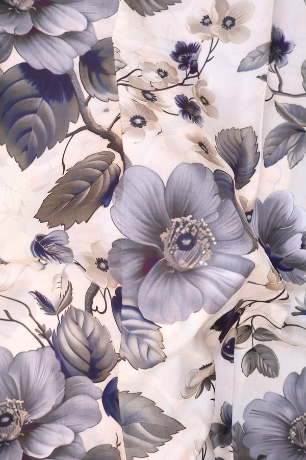 Printed Silk Saree In Ivory With Floral Design