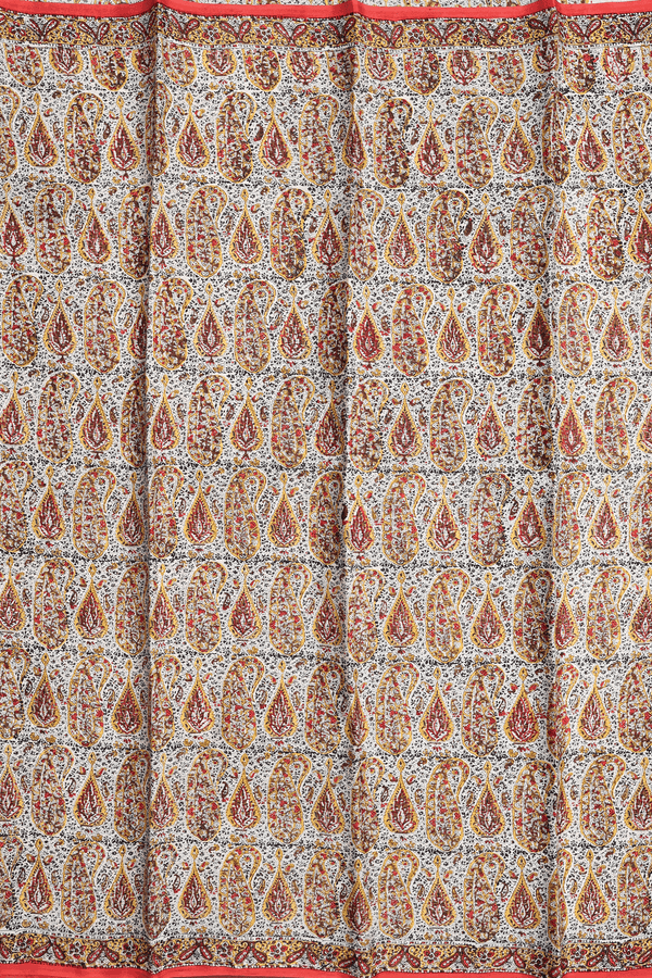 Printed Silk Saree In White With Paisley Design