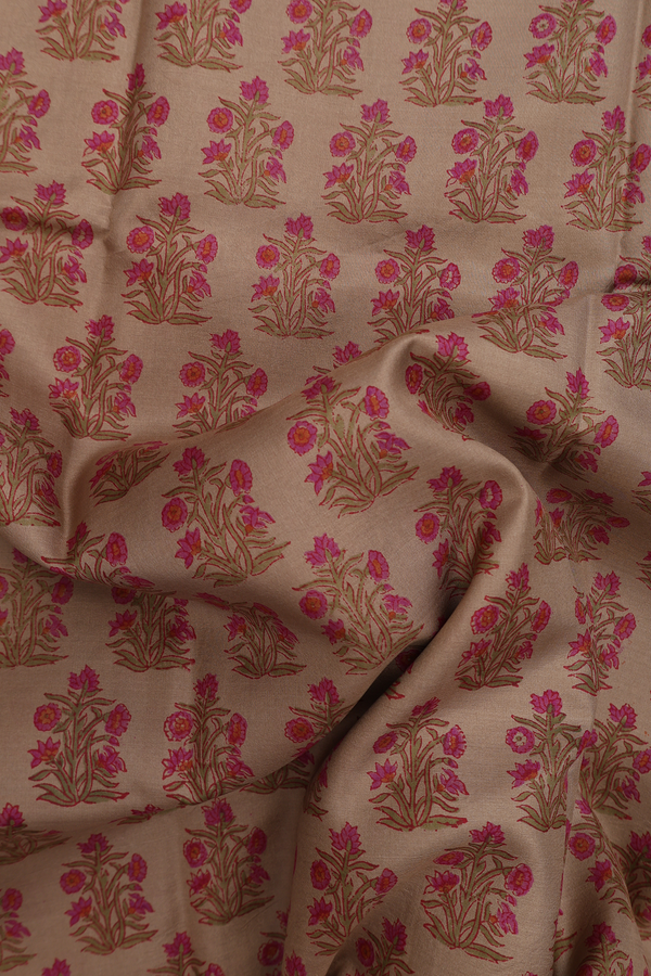 Printed Silk Saree In Khaki With Floral Design