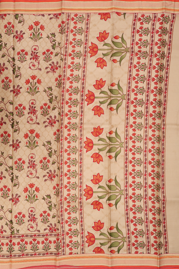 Printed Silk Saree In Light Brown With Floral Design