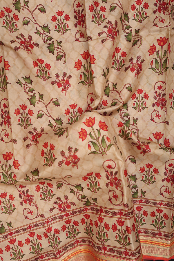 Printed Silk Saree In Light Brown With Floral Design