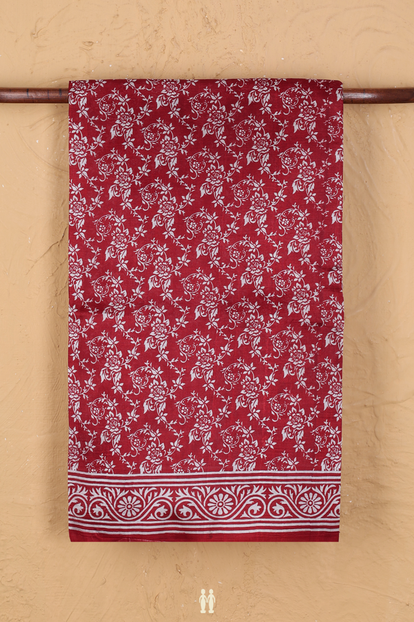 Printed Silk Saree In Maroon With Floral Design