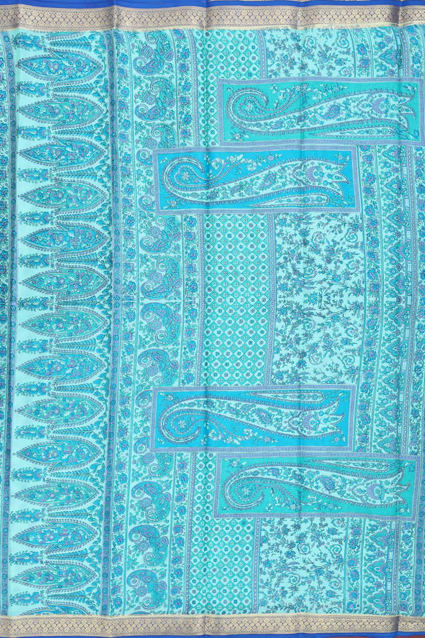 Printed Silk Saree In Mint Blue With Floral Design