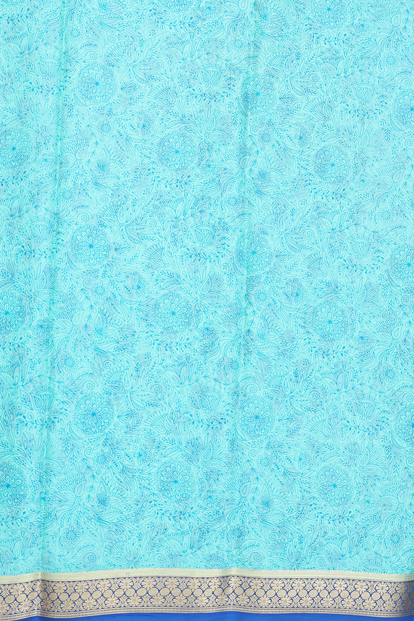 Printed Silk Saree In Mint Blue With Floral Design