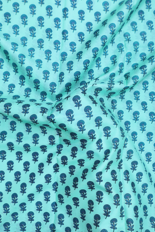 Printed Silk Saree In Mint Blue With Floral Design