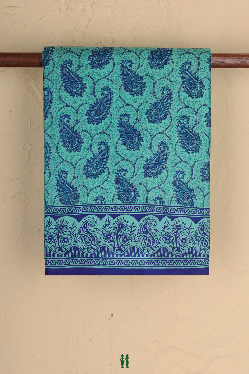 Printed Silk Saree In Mint Blue With Paisley Design