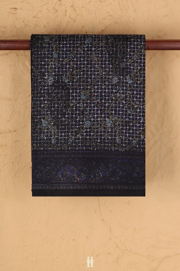 Printed Silk Saree In Navy Blue With Allover Design