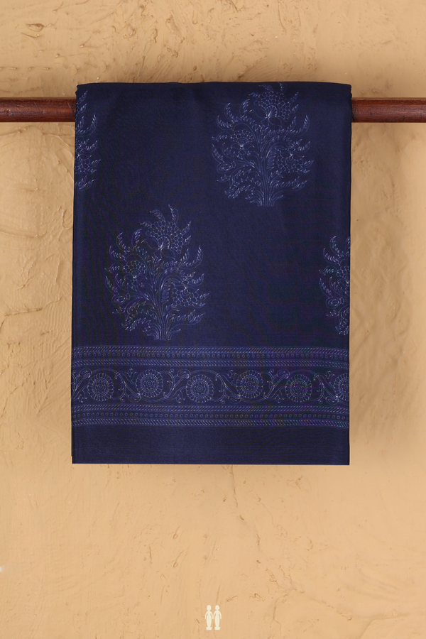 Printed Silk Saree In Navy Blue With Floral Design