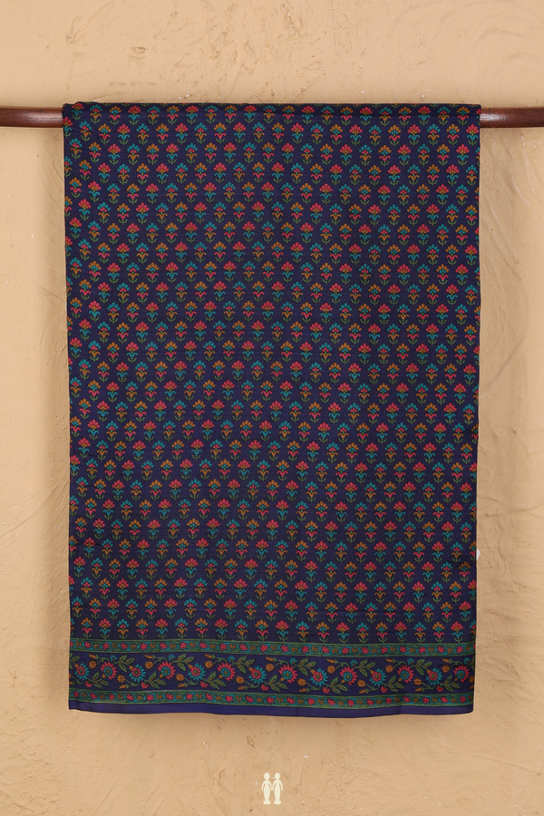 Printed Silk Saree In Navy Blue With Floral Design
