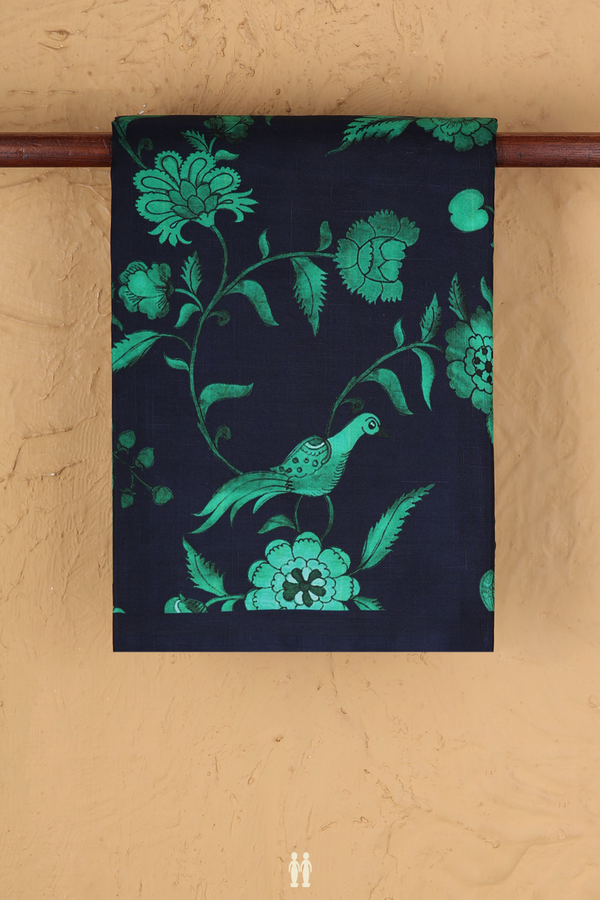 Printed Silk Saree In Navy Blue With Floral Design