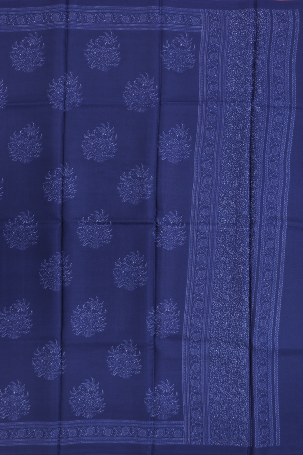 Printed Silk Saree In Navy Blue With Floral Design