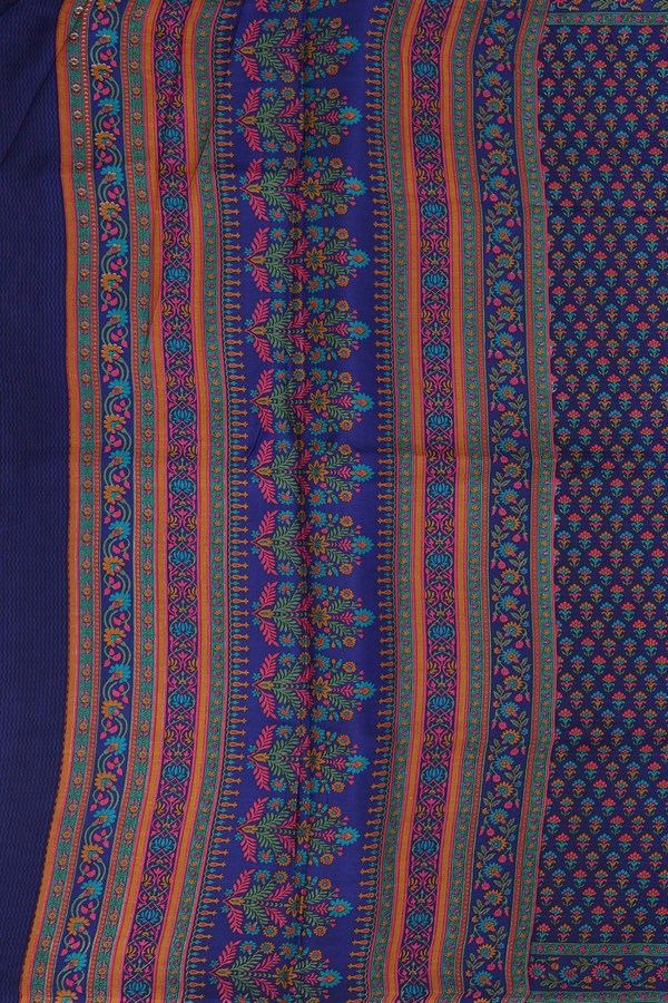 Printed Silk Saree In Navy Blue With Floral Design