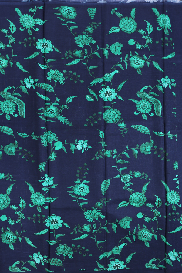 Printed Silk Saree In Navy Blue With Floral Design