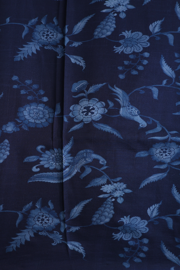 Printed Silk Saree In Navy Blue With Floral Design