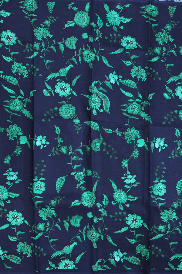 Printed Silk Saree In Navy Blue With Floral Design