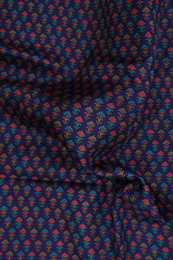 Printed Silk Saree In Navy Blue With Floral Design