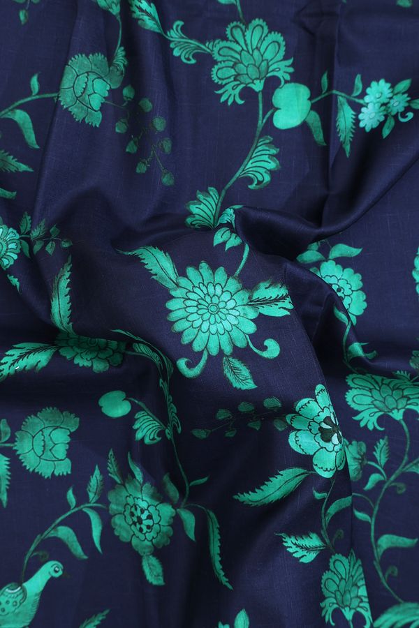 Printed Silk Saree In Navy Blue With Floral Design