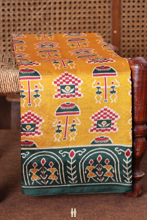 Printed Silk Saree In Ochre Orange With Warli Design