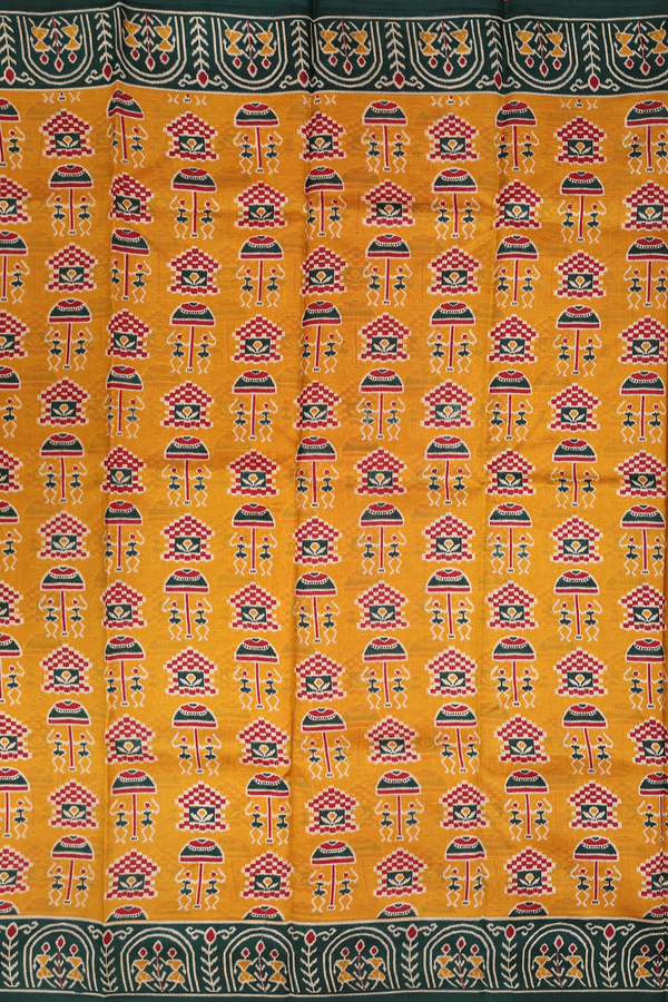 Printed Silk Saree In Ochre Orange With Warli Design
