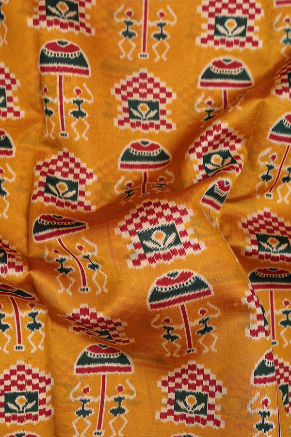 Printed Silk Saree In Ochre Orange With Warli Design
