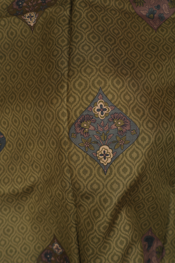 Printed Silk Saree In Olive Green With Ogee Design