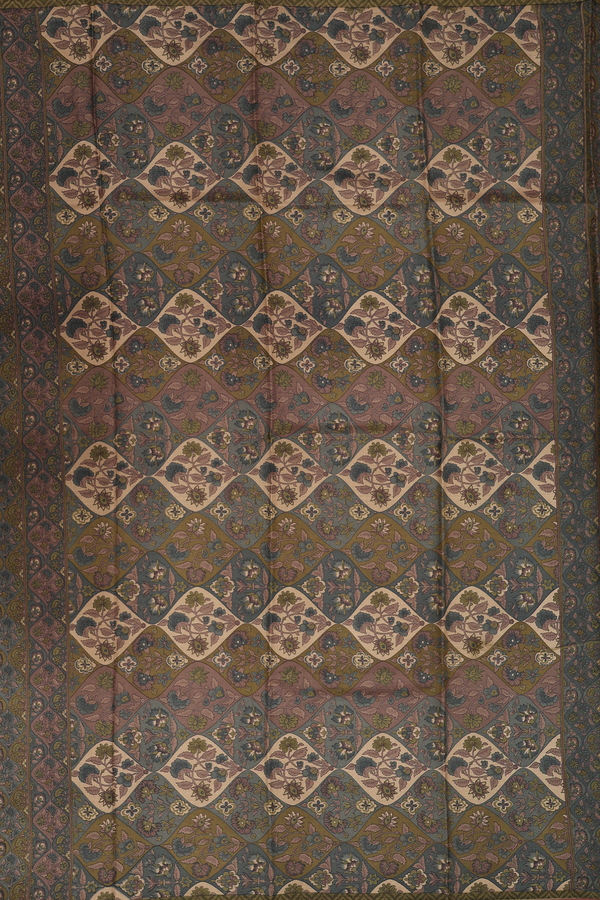 Printed Silk Saree In Olive Green With Ogee Design