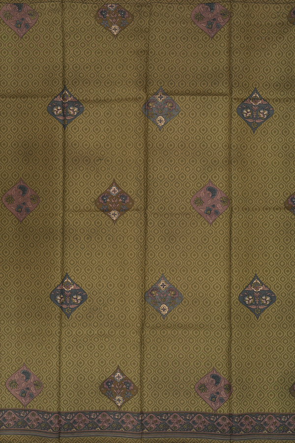 Printed Silk Saree In Olive Green With Ogee Design