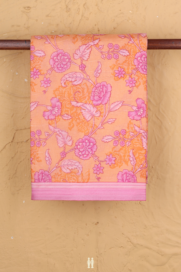 Printed Silk Saree In Orange With Floral Design