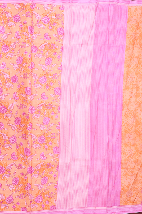 Printed Silk Saree In Orange With Floral Design