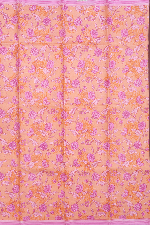 Printed Silk Saree In Orange With Floral Design