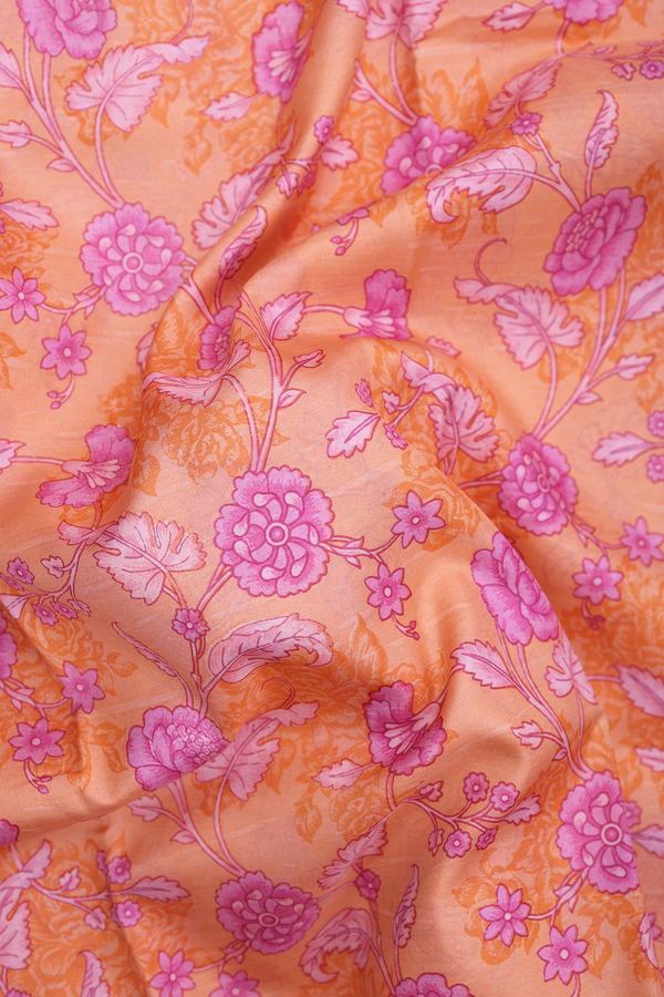 Printed Silk Saree In Orange With Floral Design