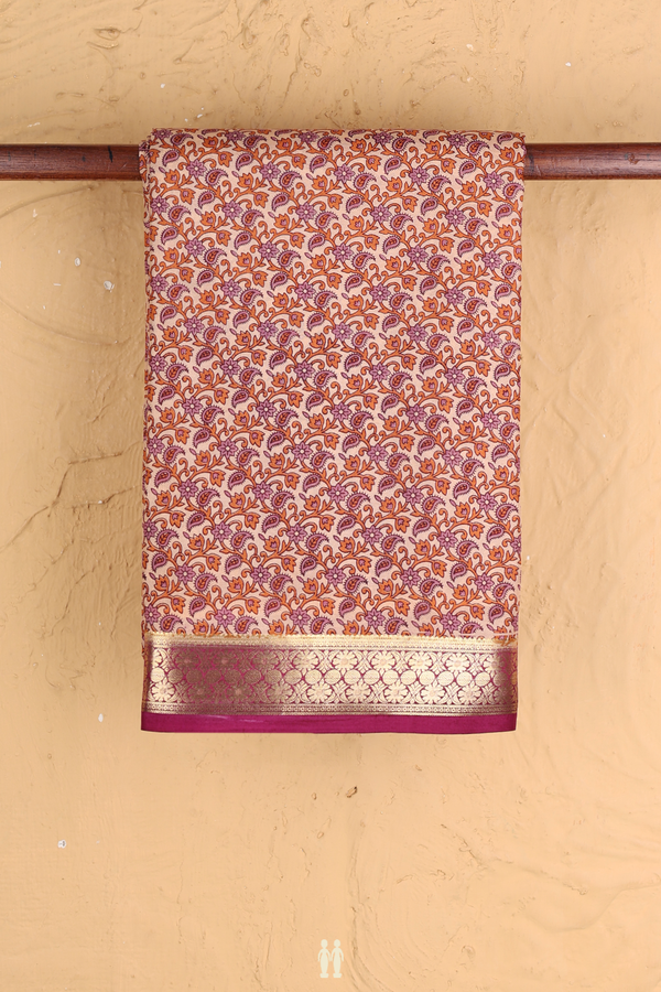 Printed Silk Saree In Orange With Paisley Design