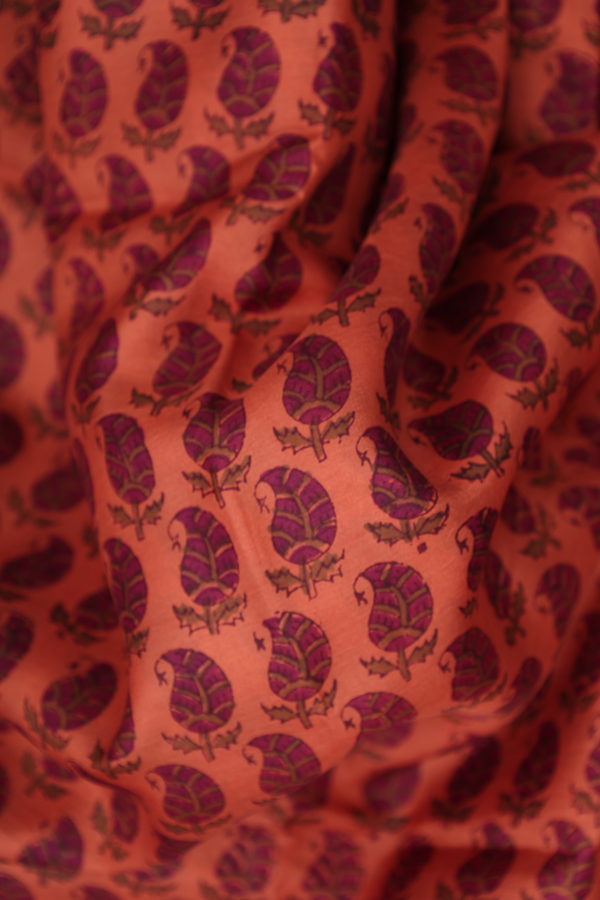 Printed Silk Saree In Orange With Paisley Design