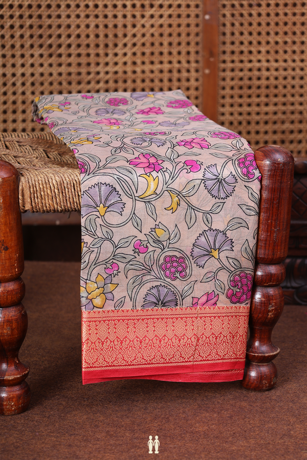 Printed Silk Saree In Pale Brown With Floral Design
