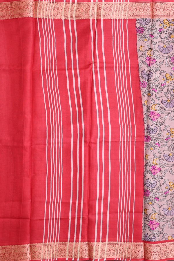 Printed Silk Saree In Pale Brown With Floral Design