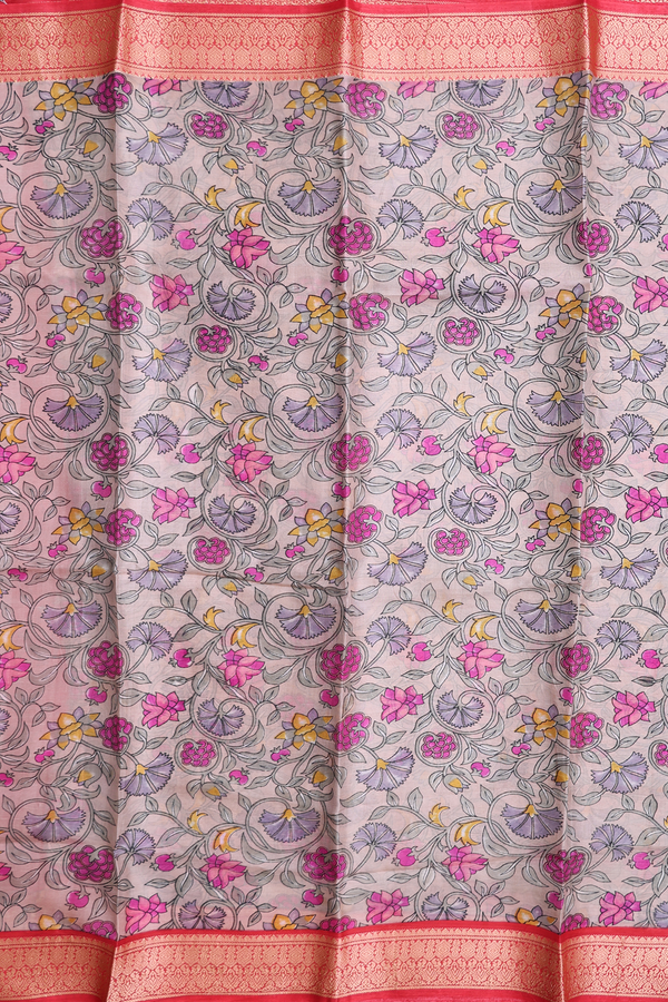 Printed Silk Saree In Pale Brown With Floral Design