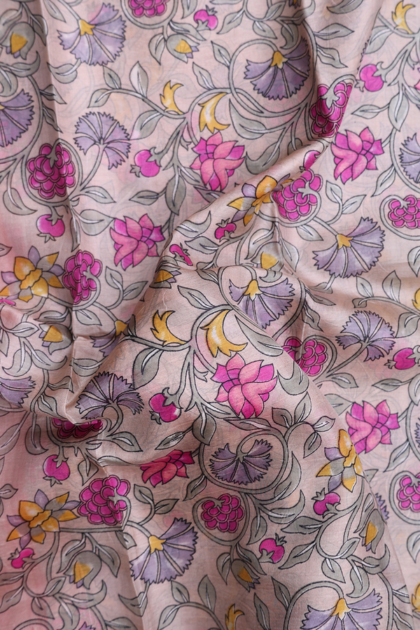 Printed Silk Saree In Pale Brown With Floral Design