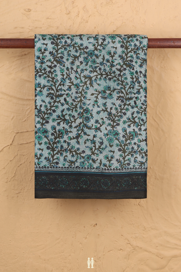 Printed Silk Saree In Pale Green With Floral Design